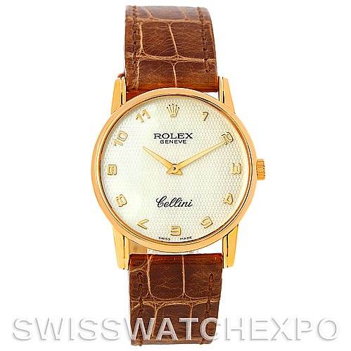 The image shows a front view of a Rolex Cellini 5116 Men's Yellow Gold Mother of Pearl Dial 5116 Men's Yellow Gold Mother of Pearl Dial watch, featuring a gold case, white dial, and brown leather strap.