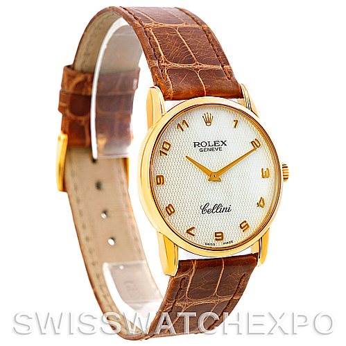 The image shows a Rolex Cellini 5116 Men's Yellow Gold Mother of Pearl Dial 5116 Men's Yellow Gold Mother of Pearl Dial watch from a three-quarter angle, highlighting its brown leather strap, gold case, and white dial.