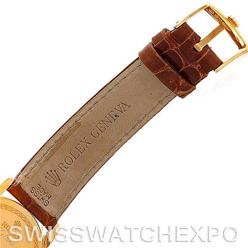 The image shows the back and inside parts of the strap and buckle of a Rolex Cellini 5116 Men's Yellow Gold Mother of Pearl Dial 5116 Men's Yellow Gold Mother of Pearl Dial watch.