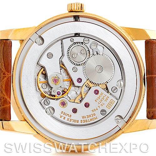 The image shows the back view of a Rolex Cellini 5116 Men's Yellow Gold Mother of Pearl Dial 5116 Men's Yellow Gold Mother of Pearl Dial model, highlighting its internal mechanical components.