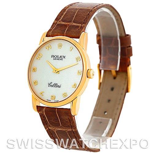 This image shows a Rolex Cellini 5116 Men's Yellow Gold Mother of Pearl Dial 5116 Men's Yellow Gold Mother of Pearl Dial watch at a three-quarter angle, highlighting the front dial, case, and brown leather strap.