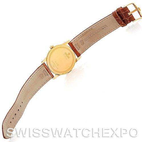 The image shows the back and interior of the leather strap of a Rolex Cellini 5116 Men's Yellow Gold Mother of Pearl Dial 5116 Men's Yellow Gold Mother of Pearl Dial watch laid flat.
