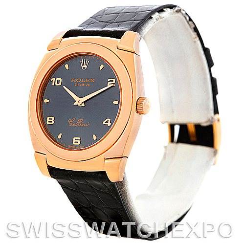 The image shows a Rolex Cellini 5320/5 Rose Gold Grey Dial 5320/5 Rose Gold Grey Dial watch at a slightly angled front view, highlighting its black dial, gold case, and leather strap.