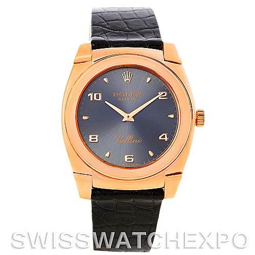 The image shows a frontal view of a Rolex Cellini 5320/5 Rose Gold Grey Dial 5320/5 Rose Gold Grey Dial watch featuring a black leather strap, a gold case, and a black dial with gold markers.