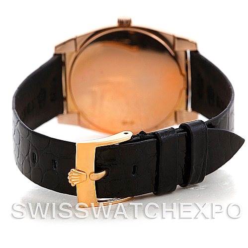 The image shows the back of a Rolex Cellini 5320/5 Rose Gold Grey Dial 5320/5 Rose Gold Grey Dial watch, highlighting the case back and black leather strap with a gold buckle.