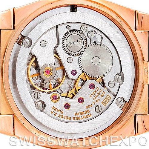 The image shows the movement and internal mechanism of a Rolex Cellini 5320/5 Rose Gold Grey Dial 5320/5 Rose Gold Grey Dial watch, viewed from the back.