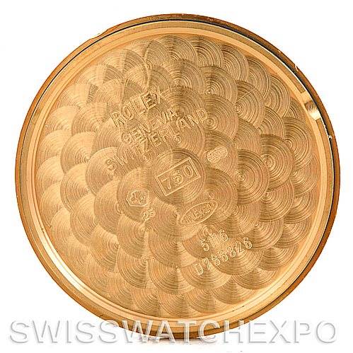 This image shows the inner case back of a Rolex Cellini 5116 Men's Yellow Gold Champagne Dial 5116 Men's Yellow Gold Champagne Dial watch, with engravings and intricate patterns.