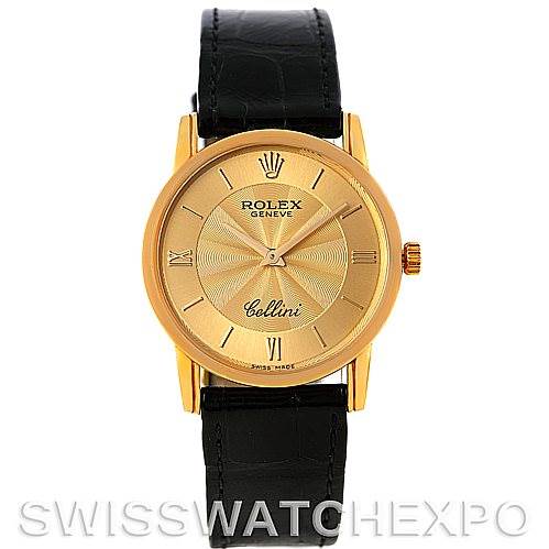 This image shows a front view of the Rolex Cellini 5116 Men's Yellow Gold Champagne Dial 5116 Men's Yellow Gold Champagne Dial watch, highlighting its gold dial, leather strap, and brand markings.