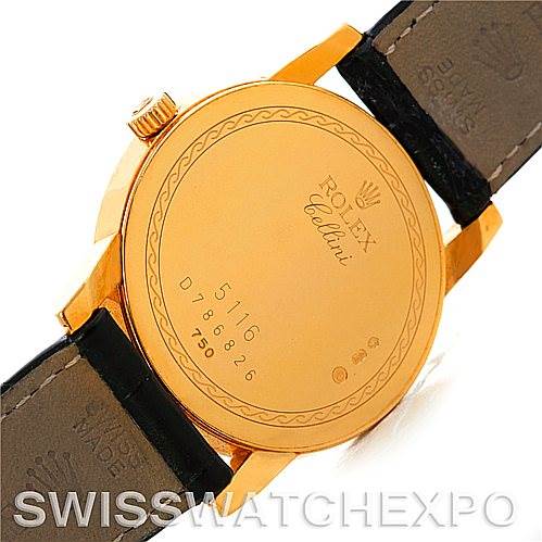 The image shows the back case of a Rolex Cellini 5116 Men's Yellow Gold Champagne Dial 5116 Men's Yellow Gold Champagne Dial watch, including the branding, model number, and leather straps.