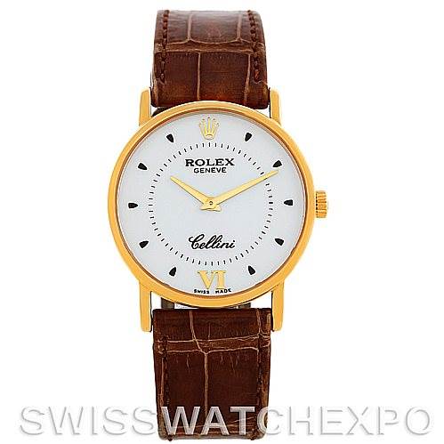 This Rolex Cellini 5115 Men's Yellow Gold Silver Dial 5115 Men's Yellow Gold Silver Dial watch is shown from the front, displaying its face, bezel, and brown leather strap.
