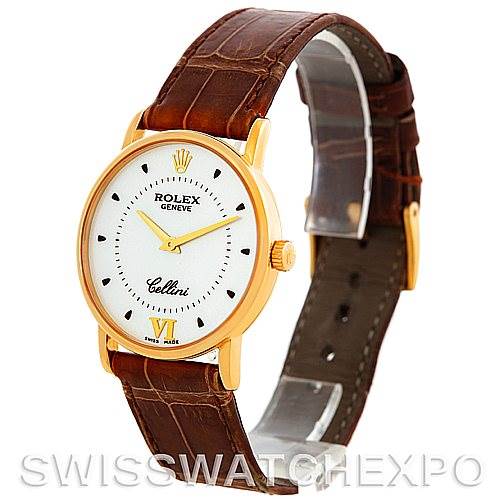 The image shows a front and side view of a Rolex Cellini 5115 Men's Yellow Gold Silver Dial 5115 Men's Yellow Gold Silver Dial watch with a brown leather strap and a white dial.