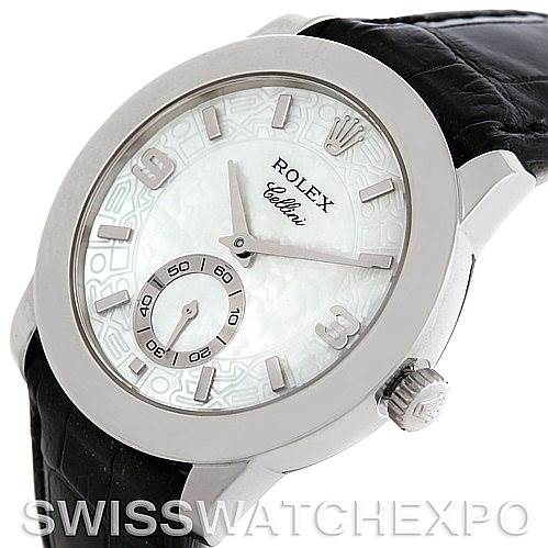 The image shows a Rolex Cellini 5240 Men's Platinum Mother of Pearl Dial 5240 Men's Platinum Mother of Pearl Dial watch at an angled view, highlighting the face, crown, and part of the leather strap.