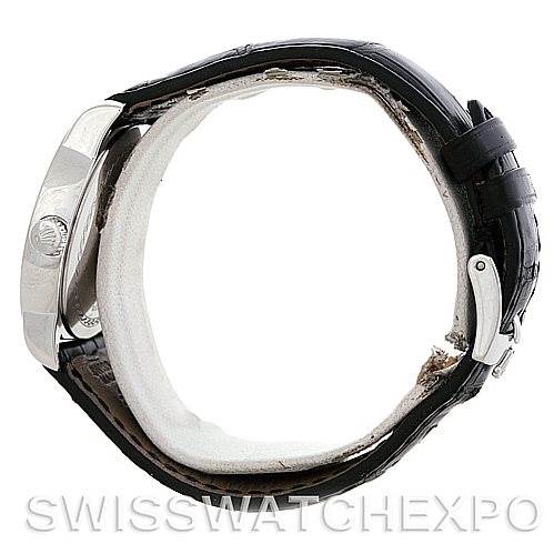 This image shows the side profile of a Rolex Cellini 5240 Men's Platinum Mother of Pearl Dial 5240 Men's Platinum Mother of Pearl Dial watch, focusing on the case, crown, and leather strap.