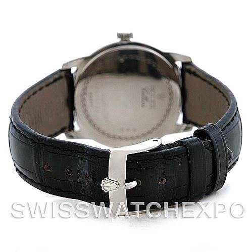 The image displays the back view of a Rolex Cellini 5240 Men's Platinum Mother of Pearl Dial 5240 Men's Platinum Mother of Pearl Dial watch, highlighting its clasp and leather strap.