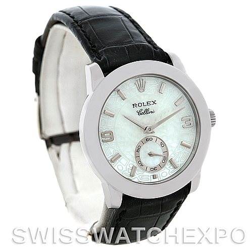 This image shows a Rolex Cellini 5240 Men's Platinum Mother of Pearl Dial 5240 Men's Platinum Mother of Pearl Dial watch from an angled side-view, highlighting the face, bezel, and leather strap.