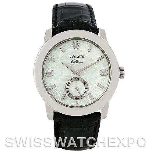 The image shows a front view of the Rolex Cellini 5240 Men's Platinum Mother of Pearl Dial 5240 Men's Platinum Mother of Pearl Dial watch, highlighting the dial, bezel, crown, and leather strap.