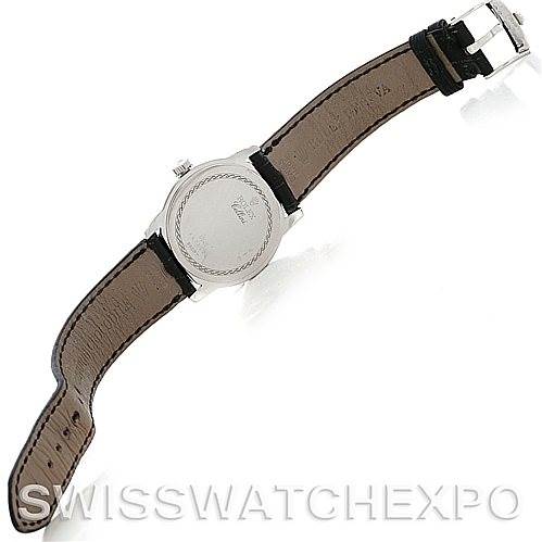 The image shows the back of a Rolex Cellini 5240 Men's Platinum Mother of Pearl Dial 5240 Men's Platinum Mother of Pearl Dial watch with its leather strap fully extended.