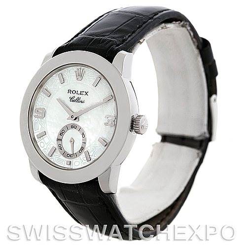 The image shows a Rolex Cellini 5240 Men's Platinum Mother of Pearl Dial 5240 Men's Platinum Mother of Pearl Dial watch at a three-quarter angle, highlighting the face, bezel, crown, and part of the black leather strap.