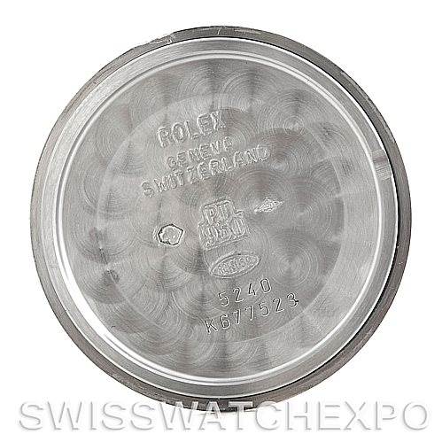 This image shows the inside case back of a Rolex Cellini 5240 Men's Platinum Mother of Pearl Dial 5240 Men's Platinum Mother of Pearl Dial watch, displaying engravings and hallmark details.