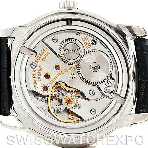 This image shows the internal mechanical movement of a Rolex Cellini 5240 Men's Platinum Mother of Pearl Dial 5240 Men's Platinum Mother of Pearl Dial watch, viewed from the back.