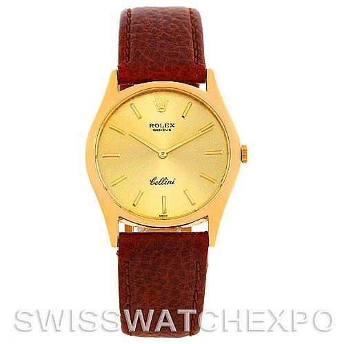 This image shows a front view of a Rolex Cellini 3804 Men's Yellow Gold Champagne Dial 3804 Men's Yellow Gold Champagne Dial watch, featuring its gold dial, case, and brown leather strap.