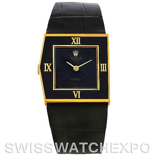 This image shows a Rolex Cellini Men's Yellow Gold Black Dial Men's Yellow Gold Black Dial watch, front view, featuring a square black dial with Roman numerals and a black leather strap.