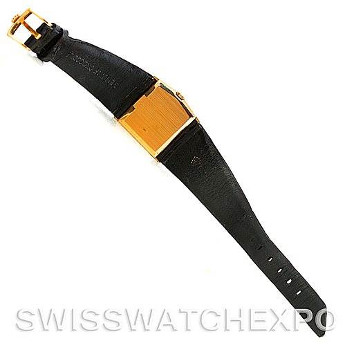 The image shows the back view of a Rolex Cellini Men's Yellow Gold Black Dial Men's Yellow Gold Black Dial watch, highlighting the strap, buckle, and case back.