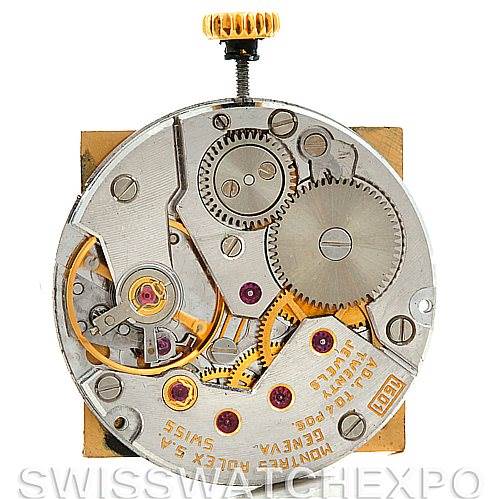 This image shows the internal mechanical movement of a Rolex Cellini Men's Yellow Gold Black Dial Men's Yellow Gold Black Dial watch viewed from the top angle.