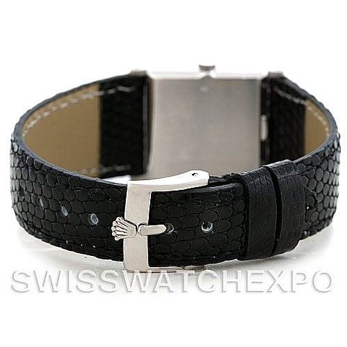 The image shows the back of a Rolex Cellini 4014 Men
s White Gold Blue Dial 4014 Men
s White Gold Blue Dial watch focusing on the black leather strap and metal buckle.