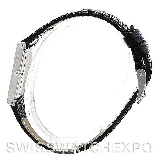 The image shows a side view of a Rolex Cellini 4014 Men
s White Gold Blue Dial 4014 Men
s White Gold Blue Dial watch, highlighting its black leather strap and clasp.