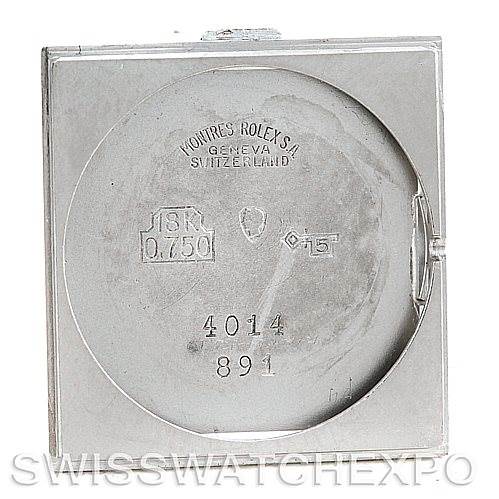 This image shows the inside of the case back of a Rolex Cellini 4014 Men
s White Gold Blue Dial 4014 Men
s White Gold Blue Dial watch, displaying various inscriptions and hallmarks.