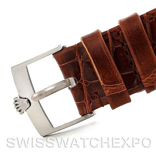 This image shows a close-up of the buckle and leather strap of a Rolex Cellini 5116 Men's White Gold Silver Dial 5116 Men's White Gold Silver Dial watch.