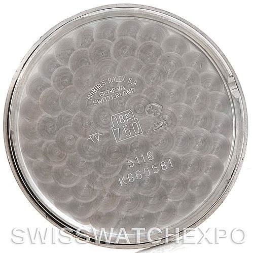 This image shows the interior case back of a Rolex Cellini 5116 Men's White Gold Silver Dial 5116 Men's White Gold Silver Dial model watch, highlighting markings and hallmarks.