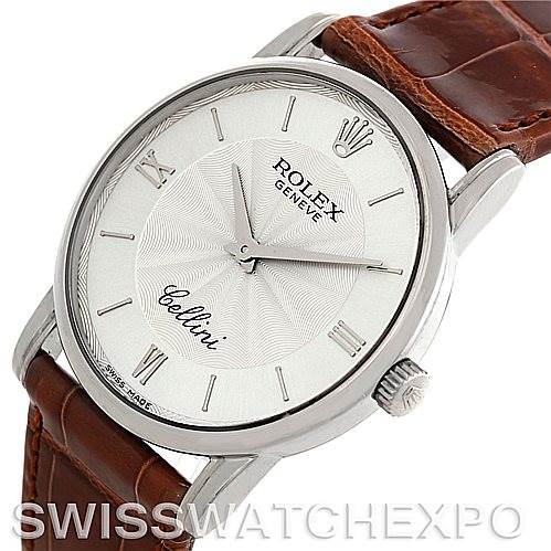 The image shows a Rolex Cellini 5116 Men's White Gold Silver Dial 5116 Men's White Gold Silver Dial watch at a slightly angled top view, displaying the dial, crown, and brown leather strap.