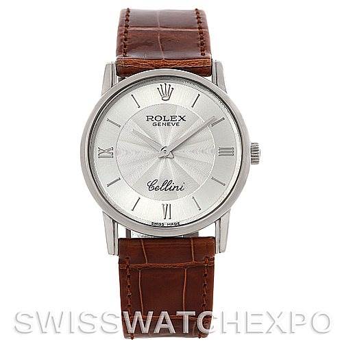 A front view of the Rolex Cellini 5116 Men's White Gold Silver Dial 5116 Men's White Gold Silver Dial watch showing its silver dial, Roman numerals, and brown leather strap.