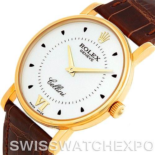 The image shows a front angle of a Rolex Cellini 5115 Men's Yellow Gold Silver Dial 5115 Men's Yellow Gold Silver Dial watch, highlighting the face, hands, crown, and part of the strap.