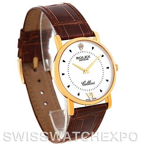 The image shows a Rolex Cellini 5115 Men's Yellow Gold Silver Dial 5115 Men's Yellow Gold Silver Dial watch at a front-left angle, displaying the white dial, gold case, and brown leather strap.