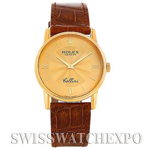 The image shows a front view of the Rolex Cellini 5116 Men
s Yellow Gold Champagne Dial 5116 Men
s Yellow Gold Champagne Dial watch, featuring a gold case and brown leather strap.