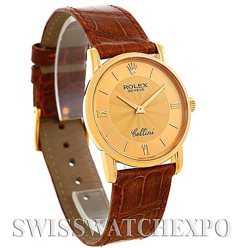 This image shows a front view of a Rolex Cellini 5116 Men
s Yellow Gold Champagne Dial 5116 Men
s Yellow Gold Champagne Dial watch with a brown leather strap and gold casing.