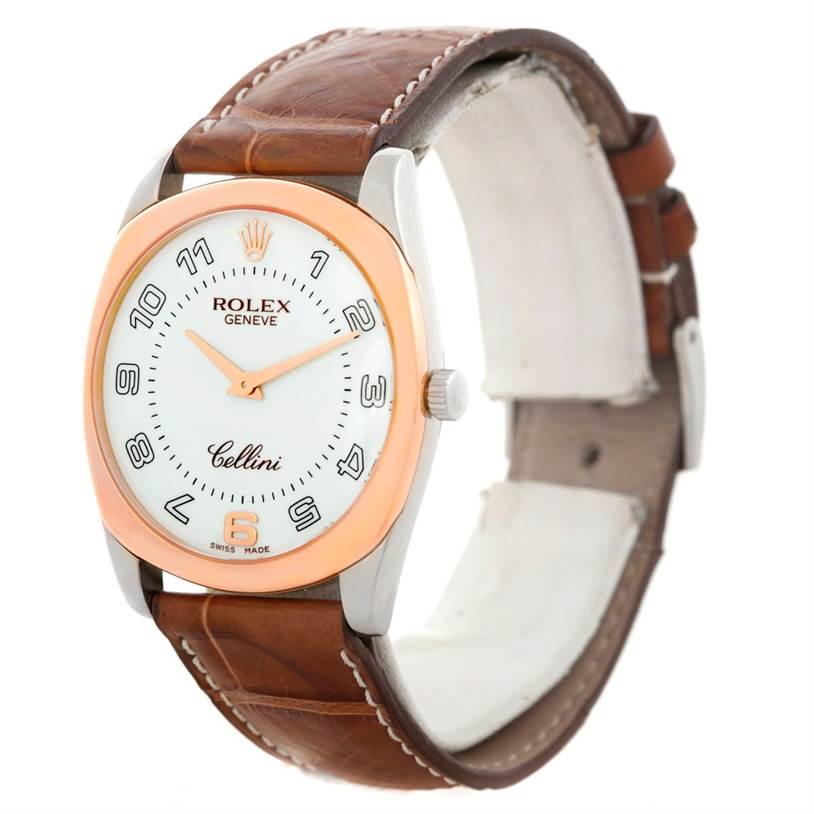 The Rolex Cellini 4233 Men's White Gold White Dial 4233 Men's White Gold White Dial watch is shown from a front angle, revealing its dial, case, and brown leather strap.