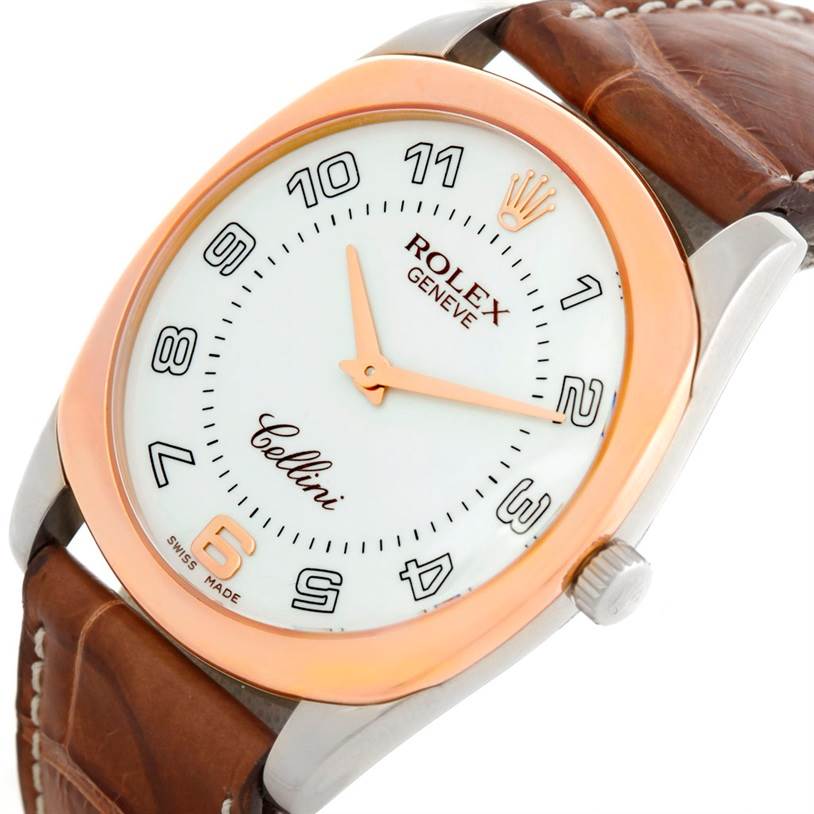 The image shows a close-up, angled view of a Rolex Cellini 4233 Men's White Gold White Dial 4233 Men's White Gold White Dial watch, highlighting its face, bezel, and leather strap.