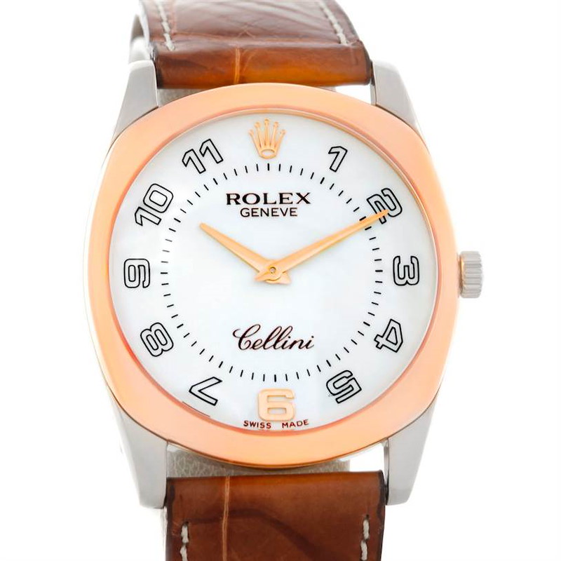 Rolex Cellini Danaos White Rose Gold White Dial Brown Strap Watch 4233 SwissWatchExpo