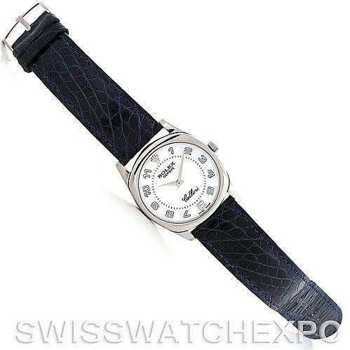 This image shows a Rolex Cellini 4233 Men's White Gold White Dial 4233 Men's White Gold White Dial watch with a top-down view of the face, strap, and buckle.