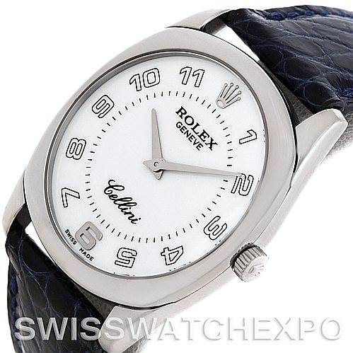 This image shows a Rolex Cellini 4233 Men's White Gold White Dial 4233 Men's White Gold White Dial watch at a slight angle, highlighting the dial, hands, crown, and part of the leather strap.