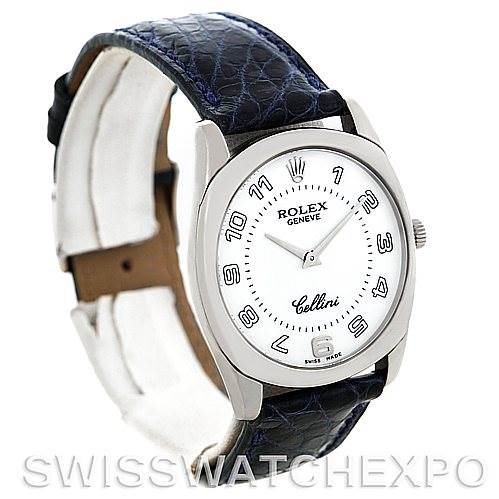 The image shows the front and side view of a Rolex Cellini 4233 Men's White Gold White Dial 4233 Men's White Gold White Dial watch, displaying its dial, case, and leather strap.