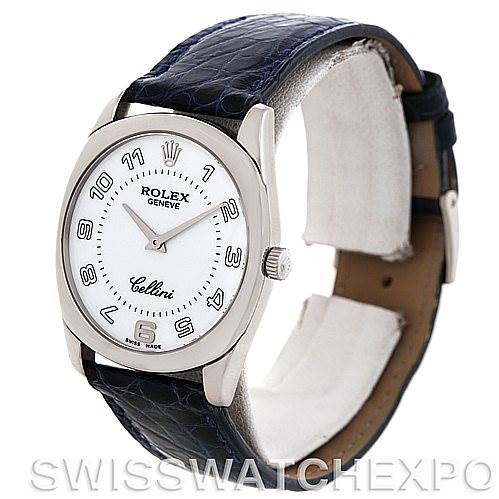 The Rolex Cellini 4233 Men's White Gold White Dial 4233 Men's White Gold White Dial watch is shown from a three-quarter angle, highlighting the face, bezel, strap, and crown.