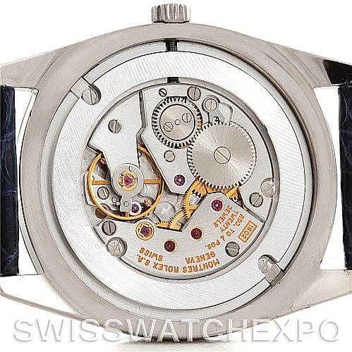 This image depicts the back of a Rolex Cellini 4233 Men's White Gold White Dial 4233 Men's White Gold White Dial watch, showcasing its exposed movement and internal mechanisms.