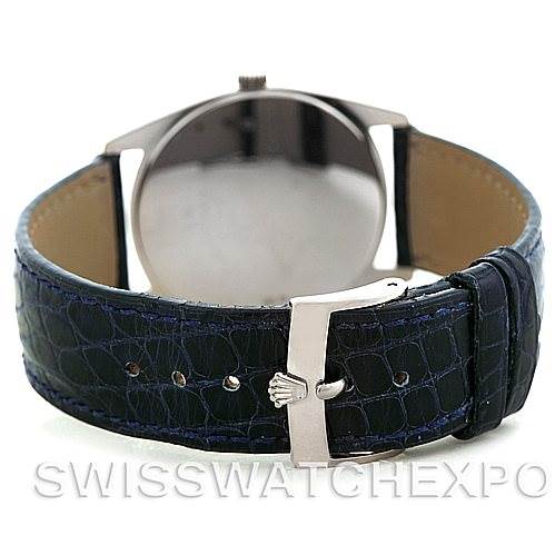 This image shows the back angle of the Rolex Cellini 4233 Men's White Gold White Dial 4233 Men's White Gold White Dial watch, focusing on the leather strap and clasp.