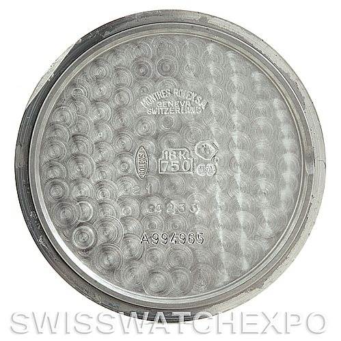 This is the interior case back of a Rolex Cellini 4233 Men's White Gold White Dial 4233 Men's White Gold White Dial watch, displaying model and serial numbers, and material specifications.