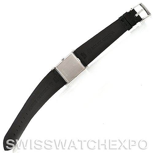 This image shows a top view of a black leather strap for the Rolex Cellini 4014 Men's White Gold Black Dial 4014 Men's White Gold Black Dial model, with its clasp and adjustable holes visible.